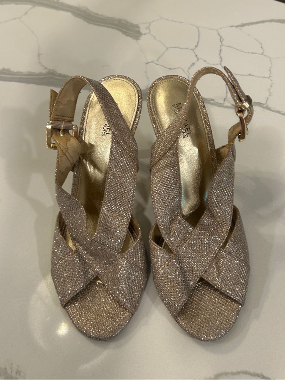 Michael Kors Champagne Glitter Crisscross Slingback Heels